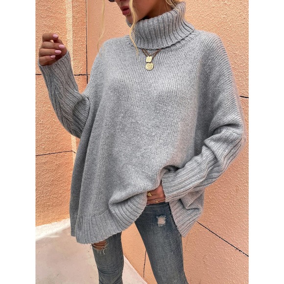 BohoGypsyDreamer.com Sweaters - boho preppy turtle Neck Batwing Sleeve Sweater ribbed knit oversized gray grey